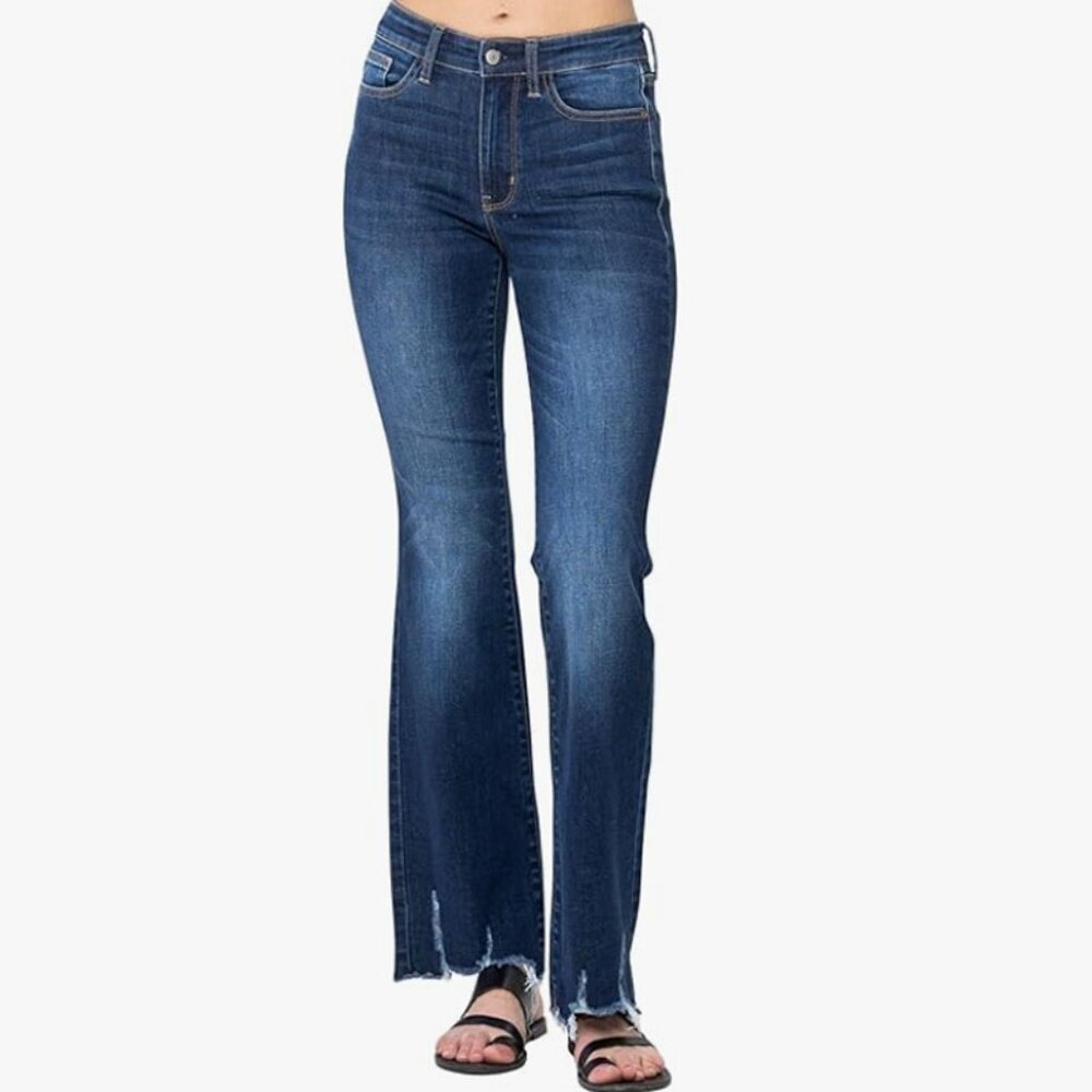 Judy Blue Mid Rise Distressed Hem Bootcut Jeans - Picture 2 of 3